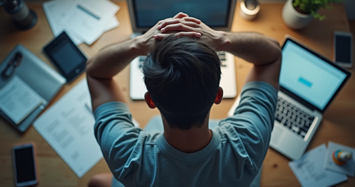 Person overwhelmed with digital devices and paperwork 