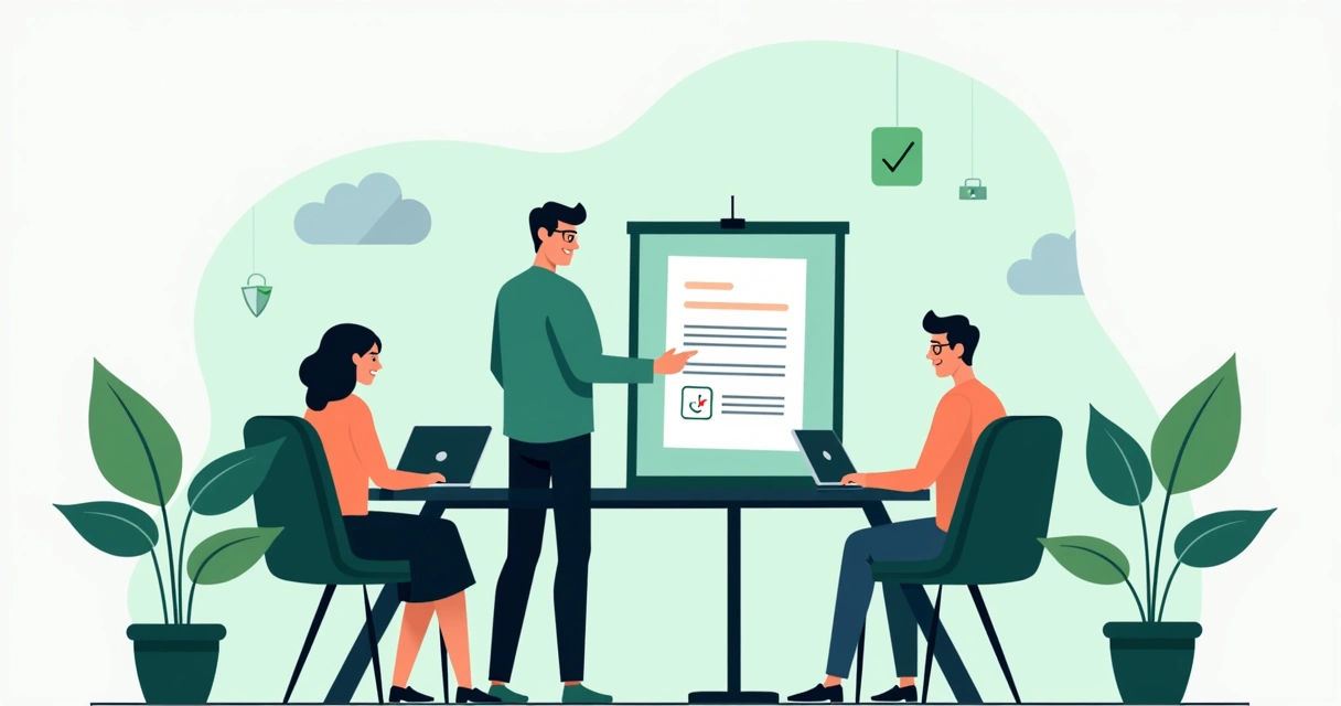 Team leader guiding coworkers through digital signature tutorial on large screen. 