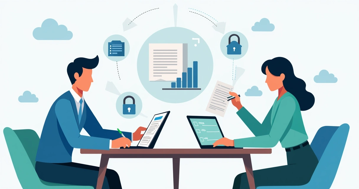 Manager digitally signing expense report using tablet in modern office 