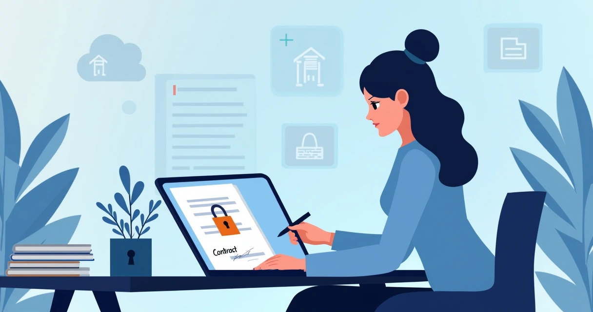 Businesswoman reviewing an electronic contract on her laptop with digital lock icons overlayed on the screen 