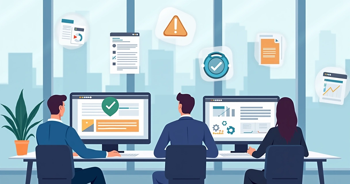 Business team in office checking disaster recovery alert on screens 