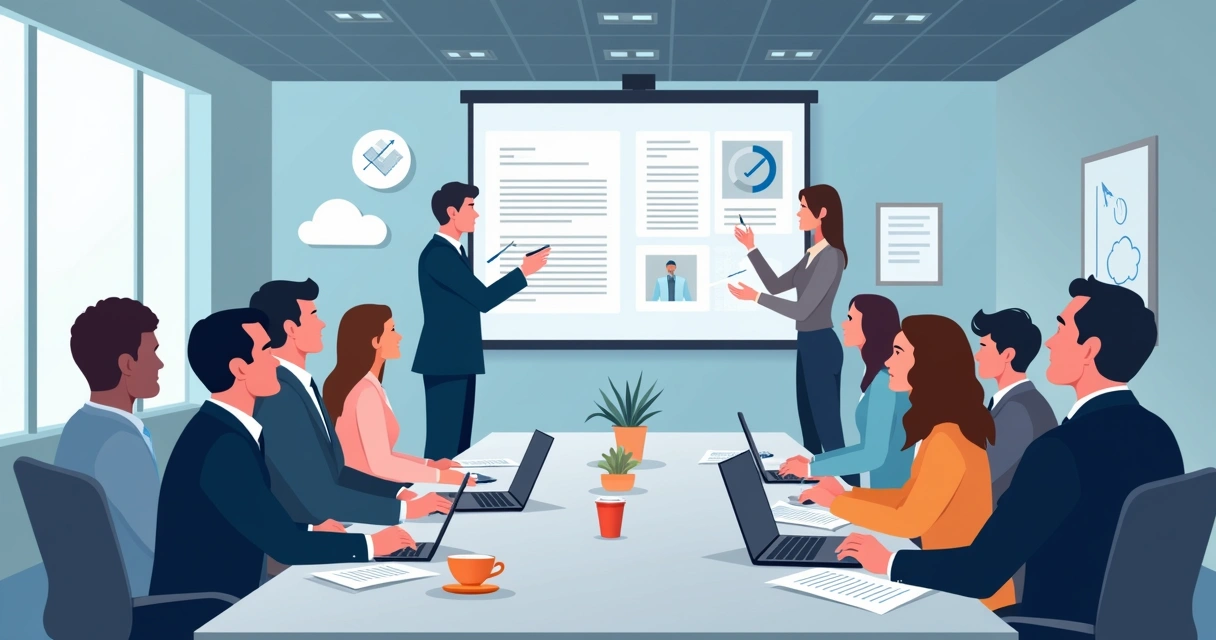 Office staff gathered around a table, learning to use a digital signature platform displayed on a large screen 