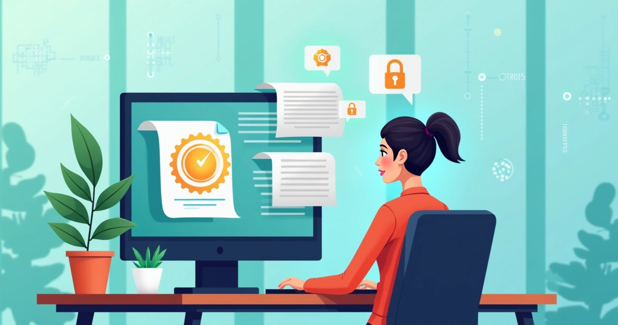 Illustration of a businesswoman viewing a computer with a digital signature verification badge 