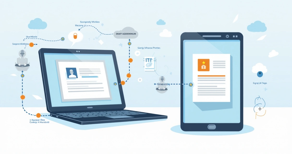 Workflow showing digital contract addendum approval on devices.