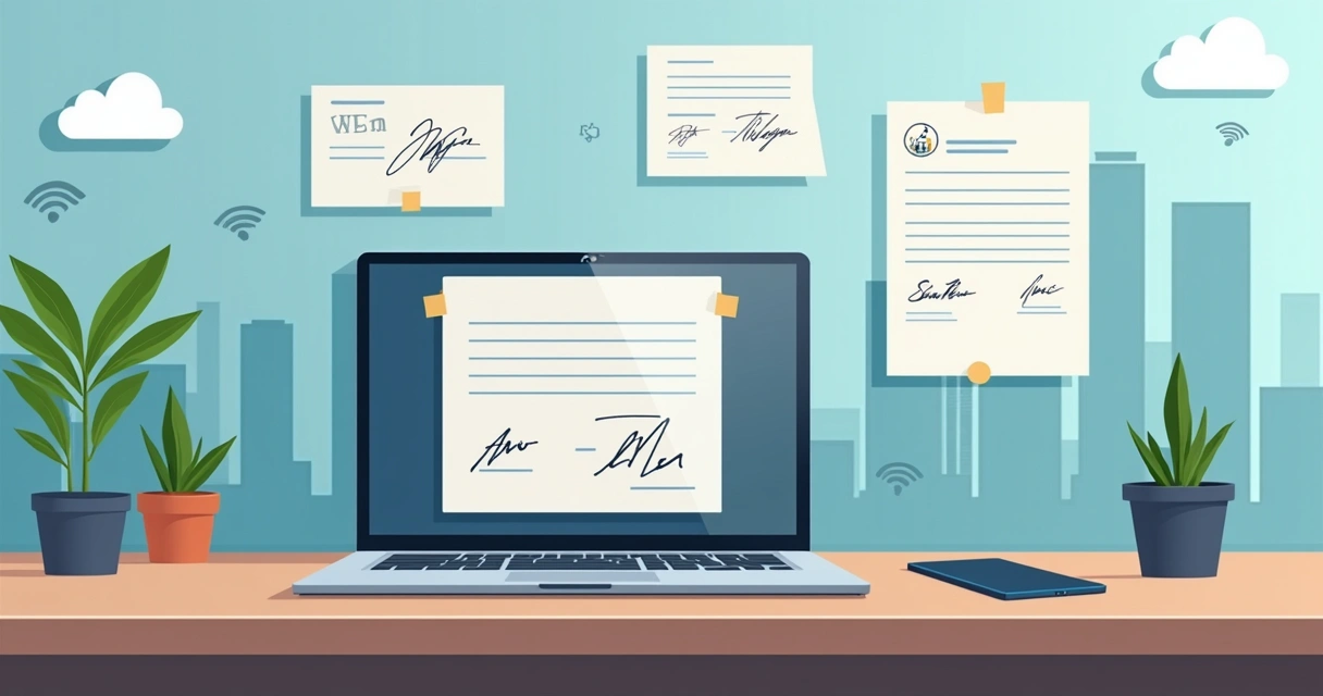 Laptop, smartphone, and a contract document with digital signature icons around them