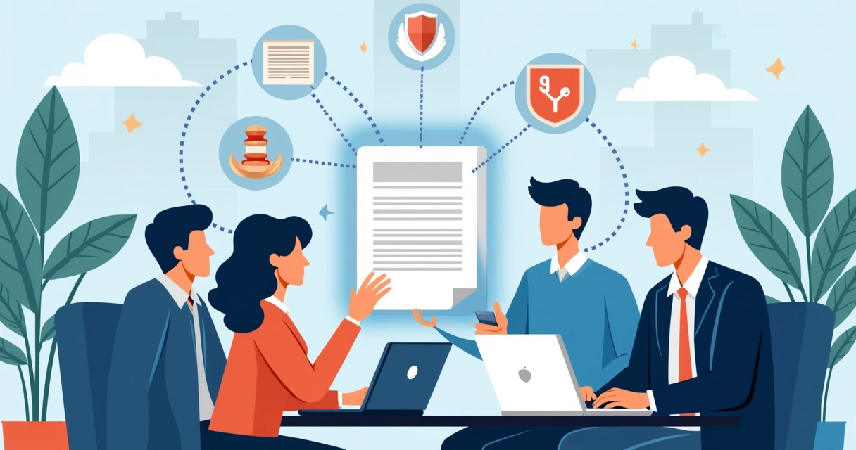 Multiple people on laptops and smartphones surrounding a digital document, signing electronically with icons for legal, security, and cloud features around them. 