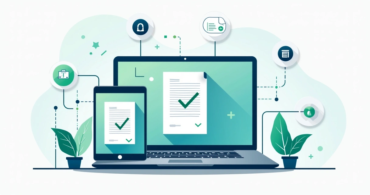 Flat illustration of a digital signature workflow on multiple devices with security icons