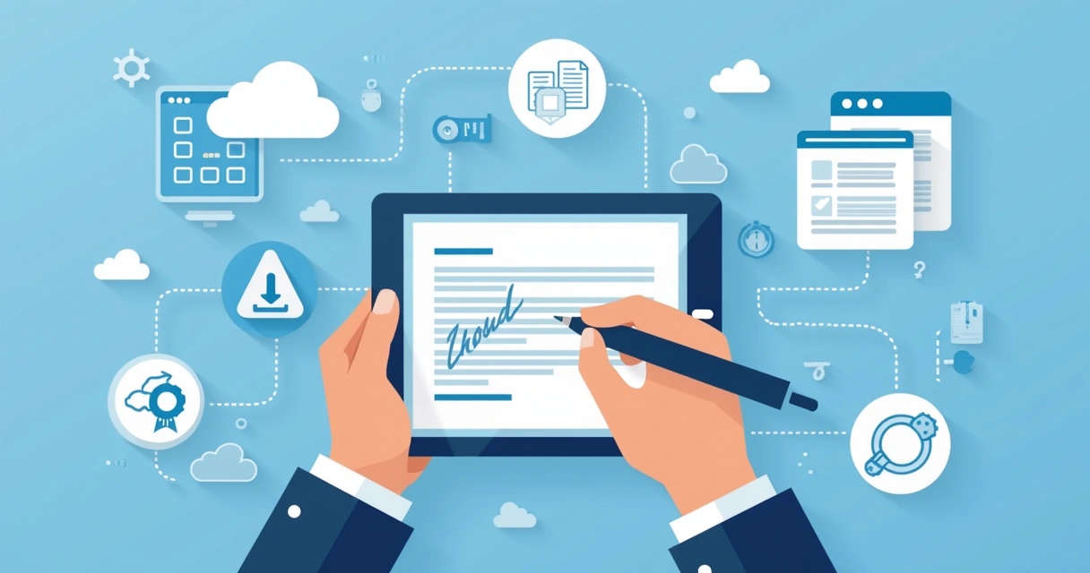 Illustration of a person signing a document electronically on a tablet with cloud storage and app icons around