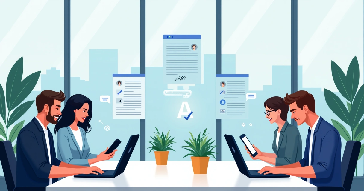 Modern office workers using digital signing on laptops 