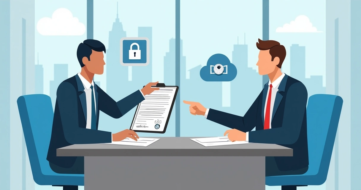 Two people in formal attire sitting at a table with a tablet and digital documents. 