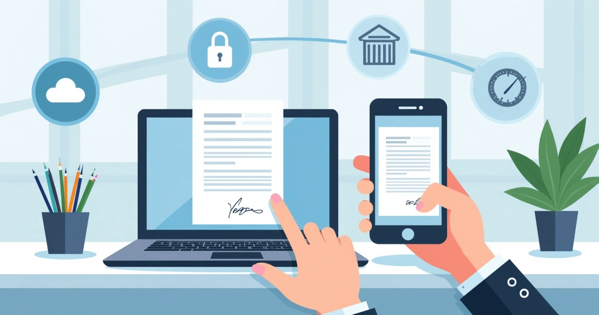 Hands using laptop and smartphone to sign electronic documents online 