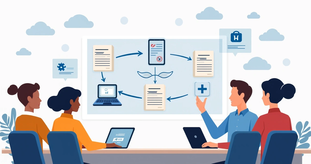 Team at a desk reviewing digital signature workflow steps 