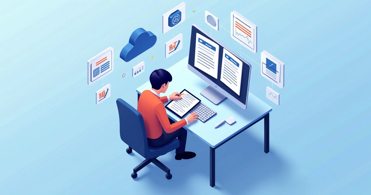 Businessman digitally signing documents on tablet with cloud storage icons 