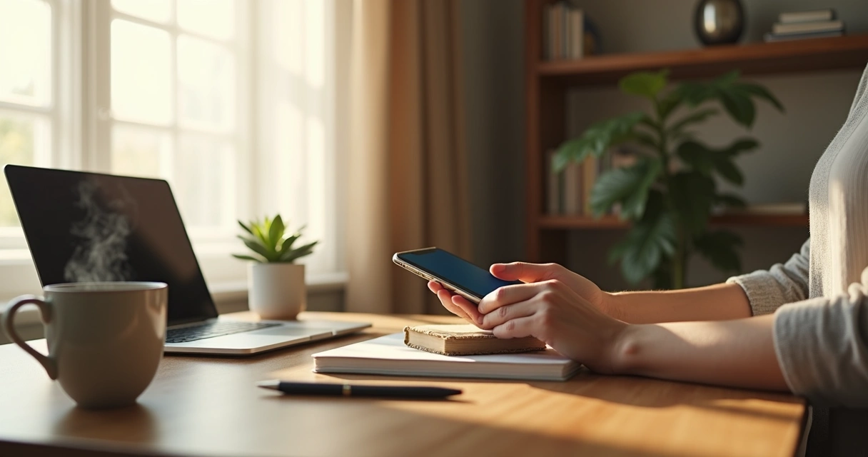 Person in minimalist study gently covering phone with a book 