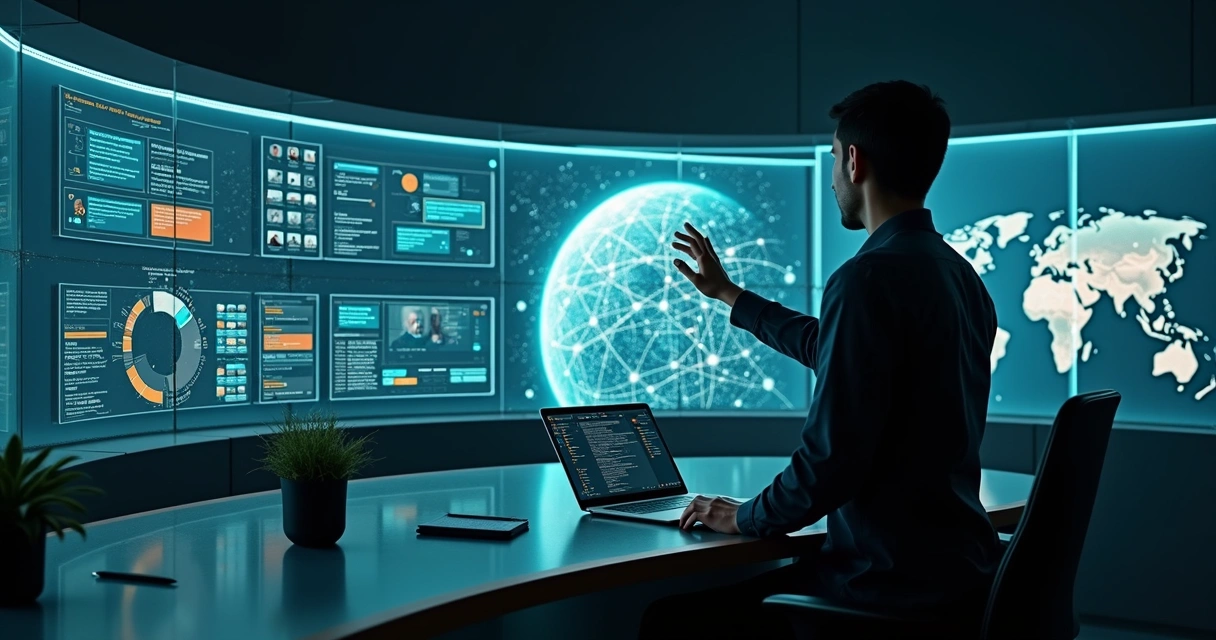 Digital leader standing in front of layered screens visualizing systemic connections 