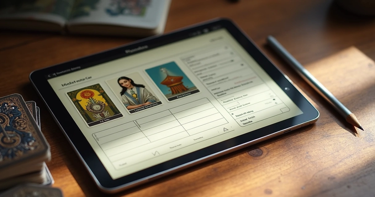Digital tarot log with Lenormand reading interface open on tablet 