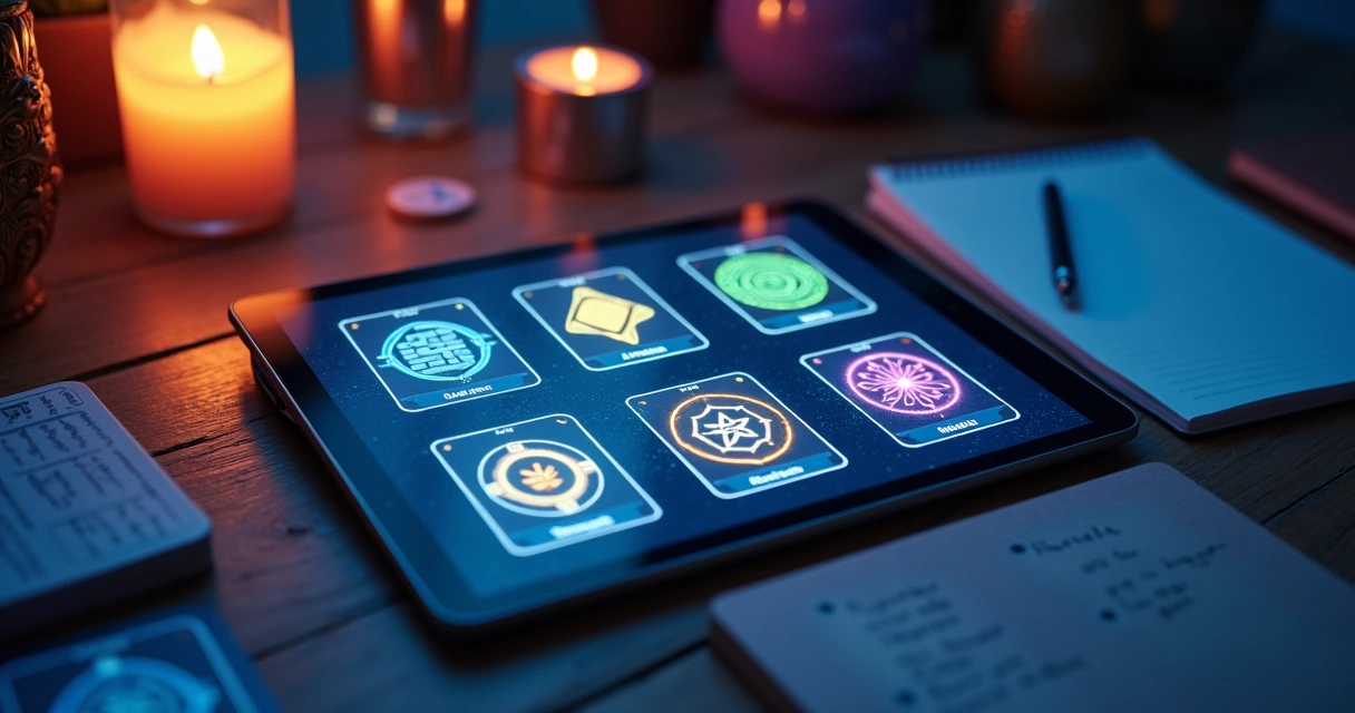 Digital tarot spread layouts on a tablet screen 