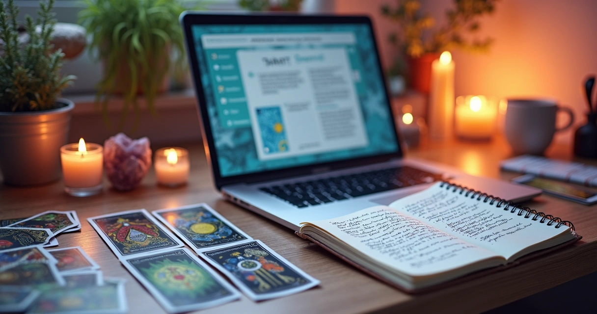 Digital tarot desk setup with laptop, illustrated tarot cards, and notebook arranged mid-study 