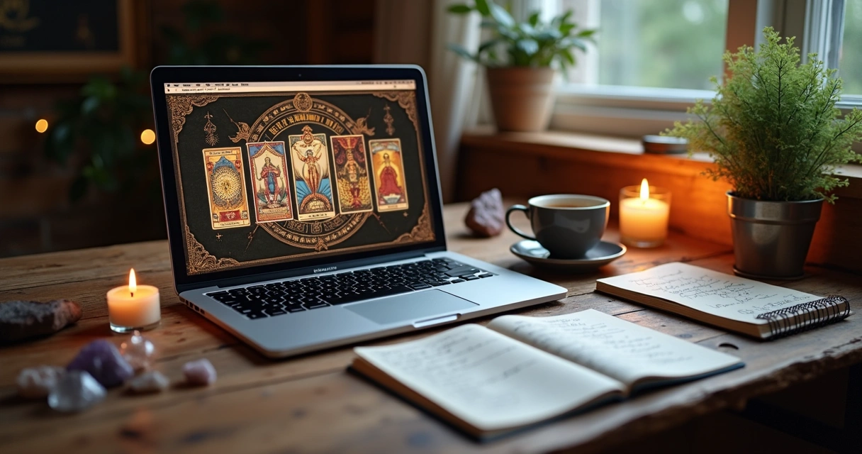 Close-up of a laptop showing a Tarot app with colorful card spreads, next to a notebook with handwritten Tarot notes and a cup of tea on a wooden desk 