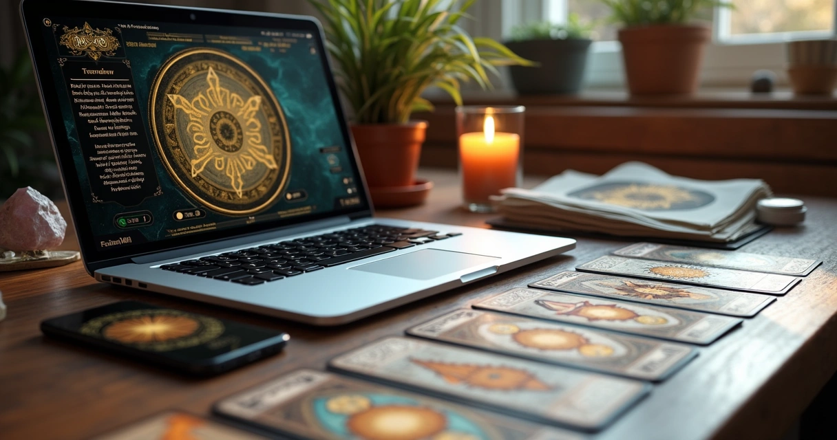 Digital workspace with tarot cards, laptop, smartphone, and appointment calendar on screen 