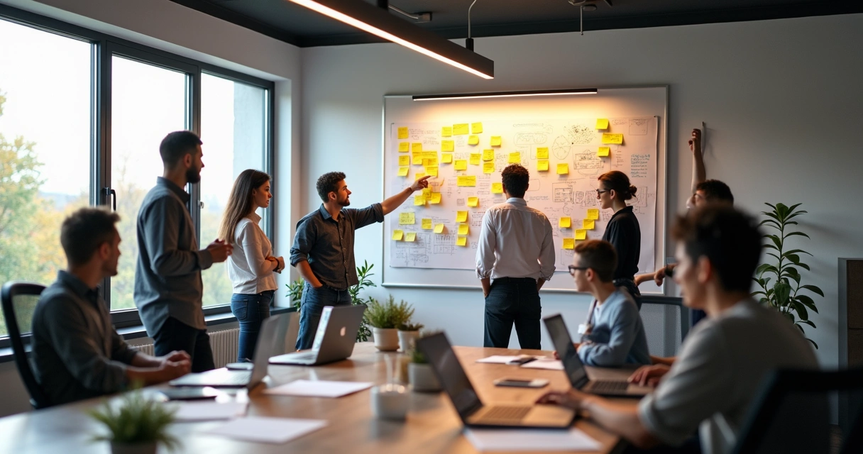 Equipe digital reunida em frente a quadro branco, debatendo soluções para problemas complexos 