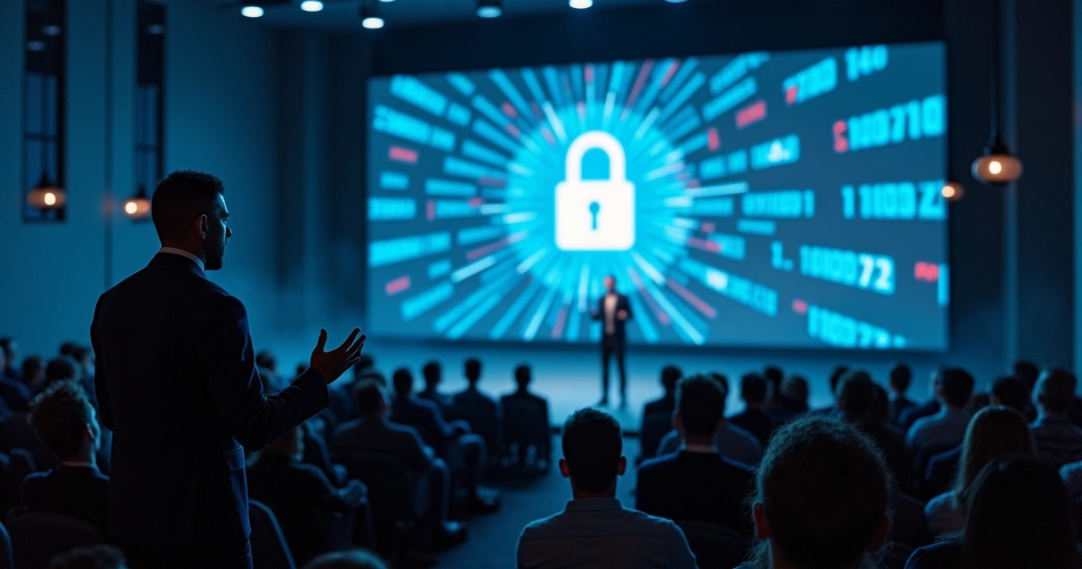Conference speaker warning audience about cyber threats with projection of a digital lock and scattered data symbols on a blue background 