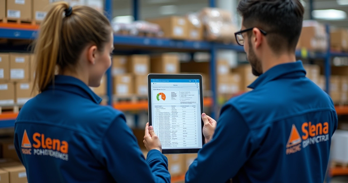 Staff using digital traceability systems for ship supplies on a tablet 