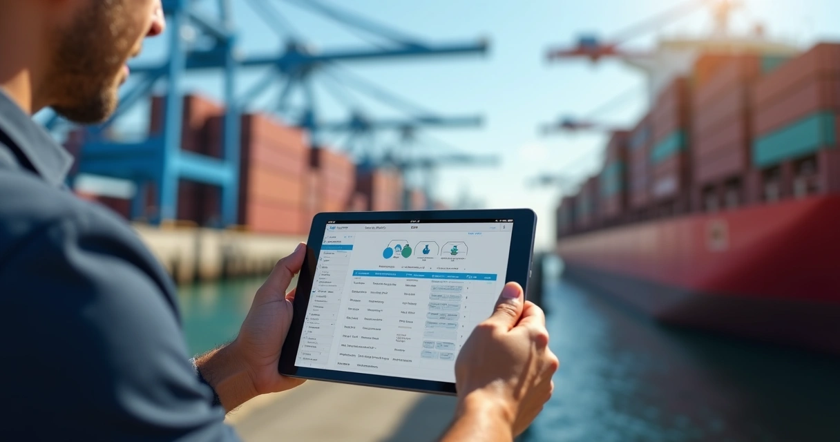 Supplier using tablet to track ship supplies digitally at port 