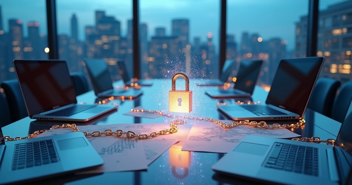 Abstract 3D laptops linked by gold chains around financial data charts 