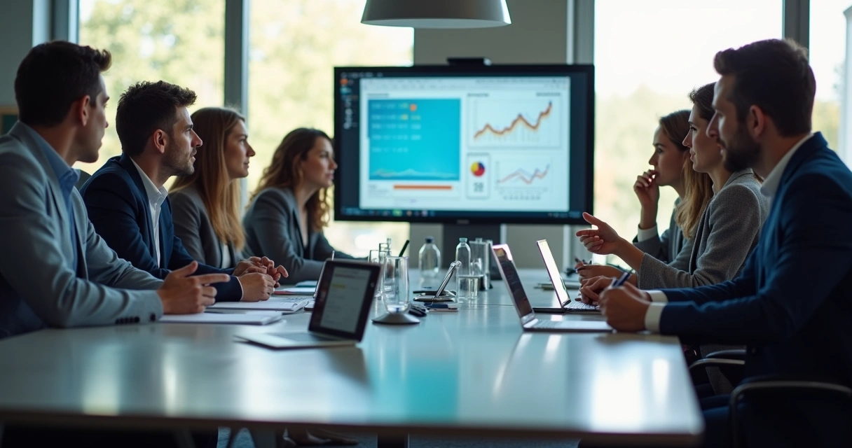 Team gathered around digital screens discussing transformation