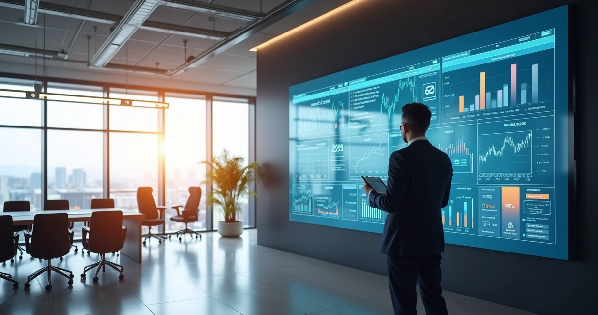 Finance manager viewing digital treasury dashboard on large screen 