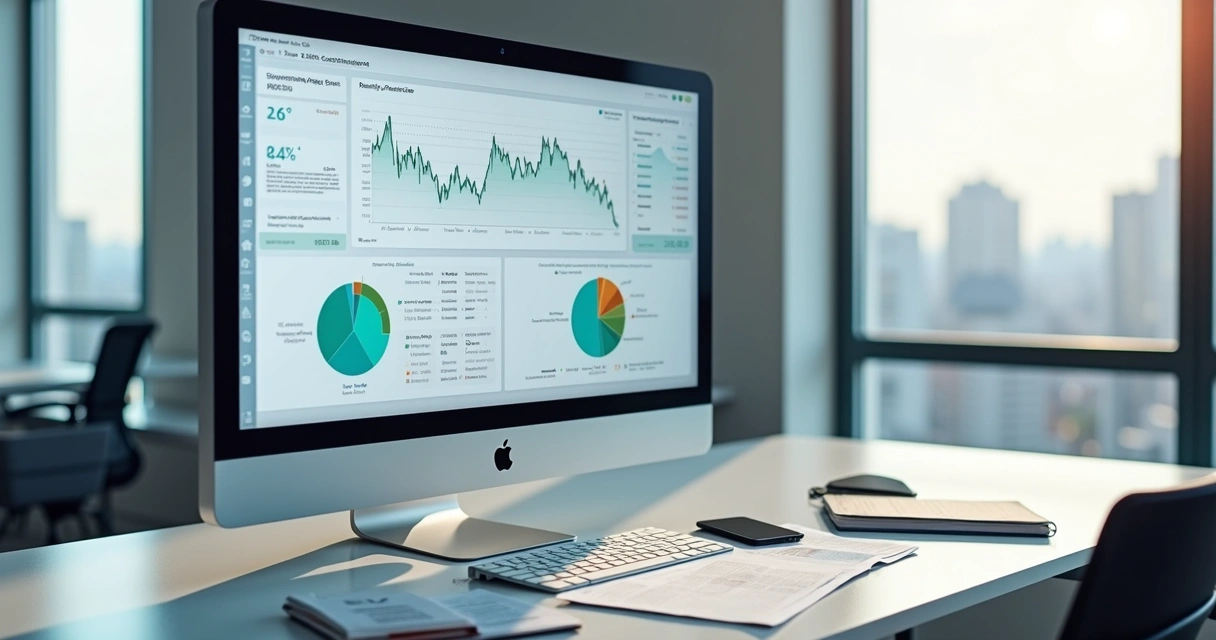 Large monitor displaying a treasury management dashboard in a modern office 