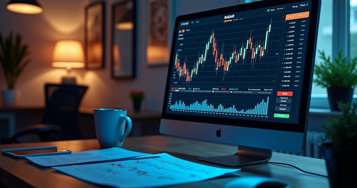 Digital dashboard tracking sugar market positions, charts, and alerts 