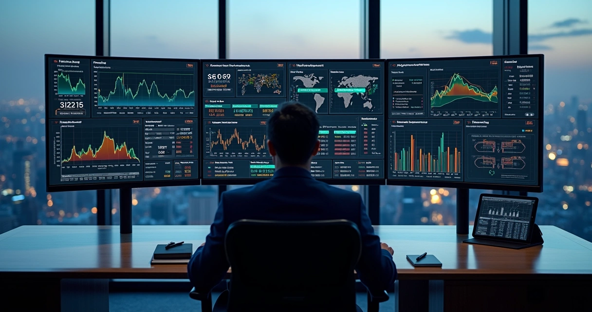 Executive viewing digital hedging dashboard with market charts and risk metrics 
