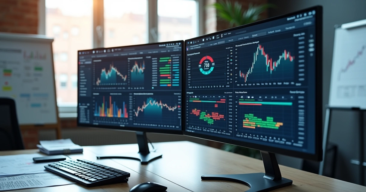 Workstation showing digital treasury integration with charts, documents, and dual monitors 