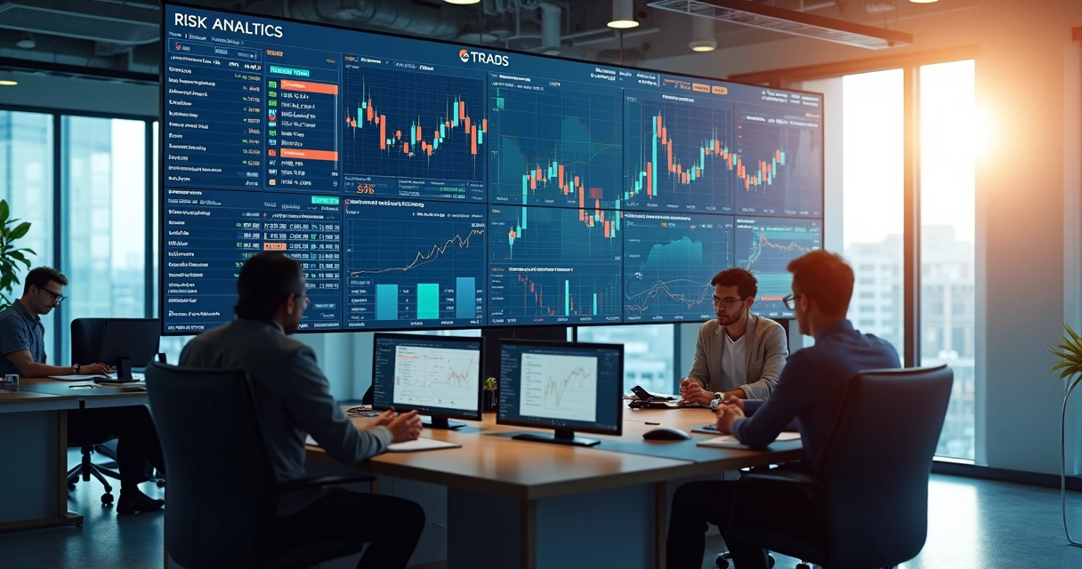 Multiple monitors showing a digital treasury dashboard with real-time commodity prices, analytics and charts. 