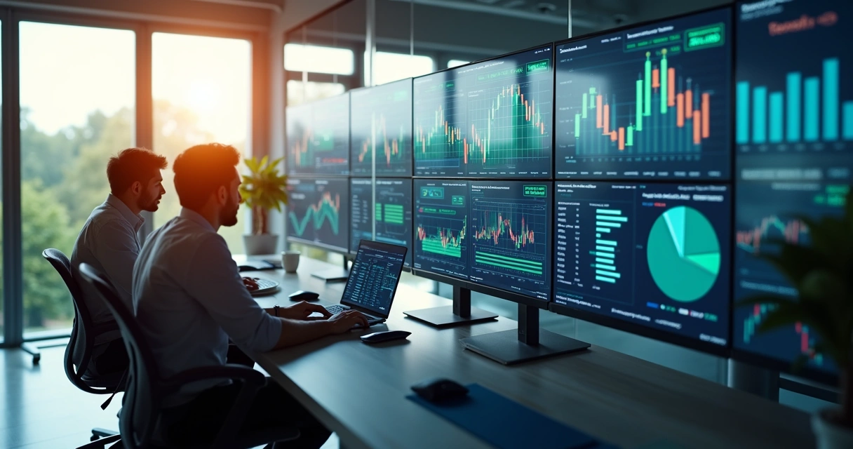 Digital treasury dashboard displayed on multiple screens in a modern office with mid-sized agribusiness team working 