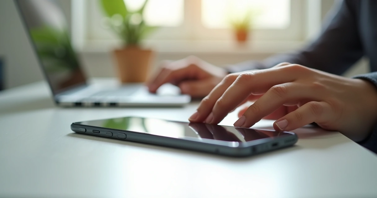 Person pausing before picking up a smartphone on a clean desk. 