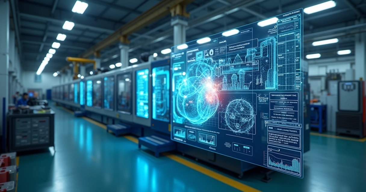 Digital twin showing a virtual machine overlaying a factory floor 