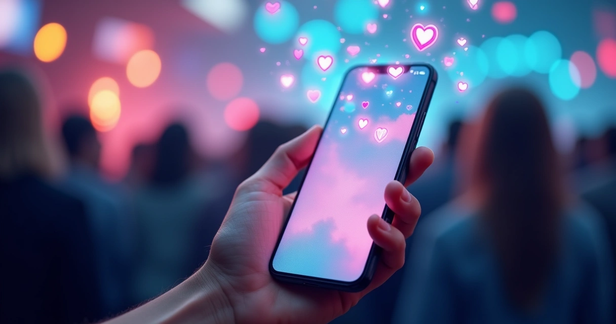 Smartphone screen with notifications, digital badges, and heart icons for validation. 