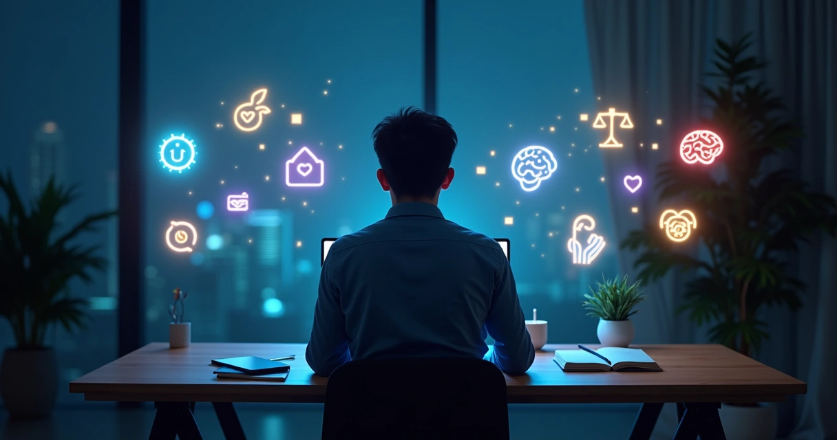 Person using laptop surrounded by floating digital icons and ethical symbols 