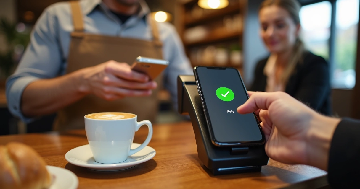Person holding a phone over a payment terminal in a cafe