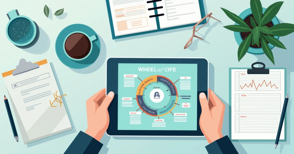 Person reviewing digital wheel of life on tablet 