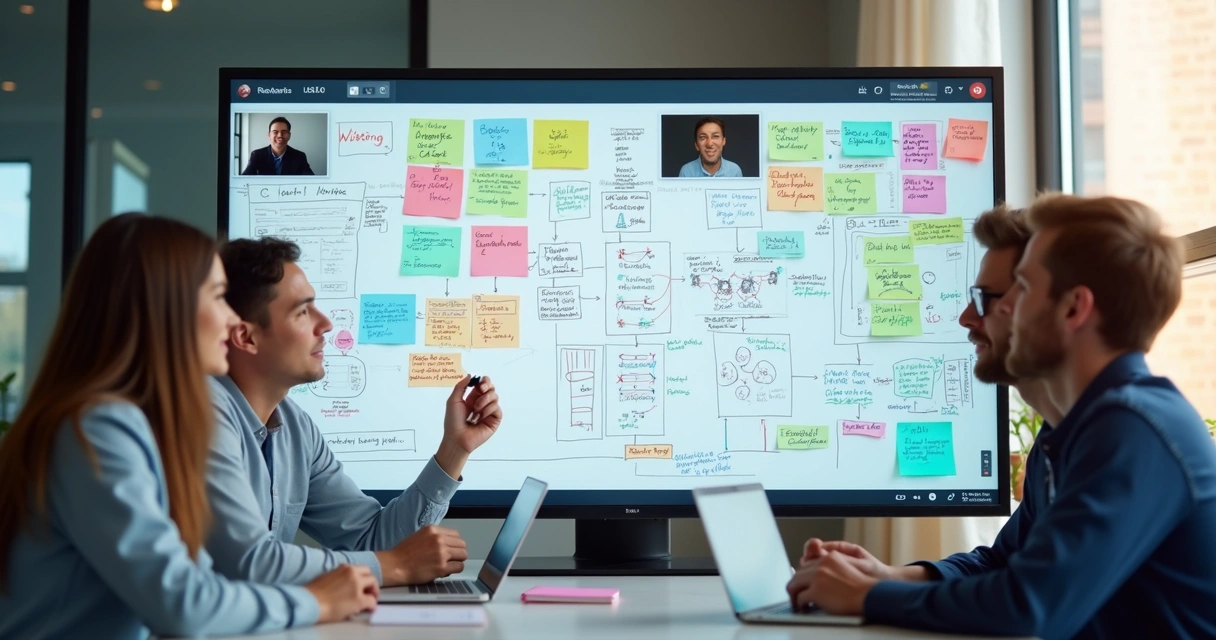 Digital whiteboard session with remote team collaborating 