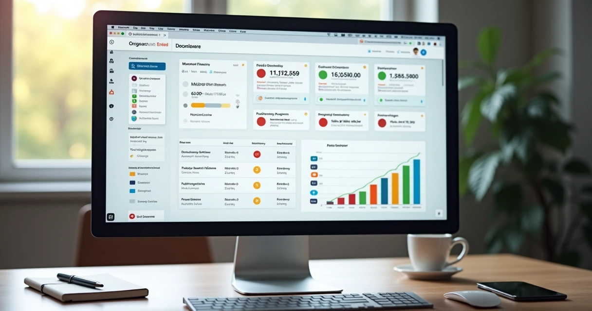 Close-up of a computer screen displaying workflow automation software with colorful graphs and checklists 