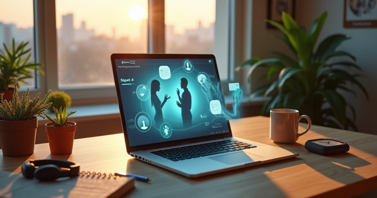 Open laptop on wooden desk glowing with holographic people around it 