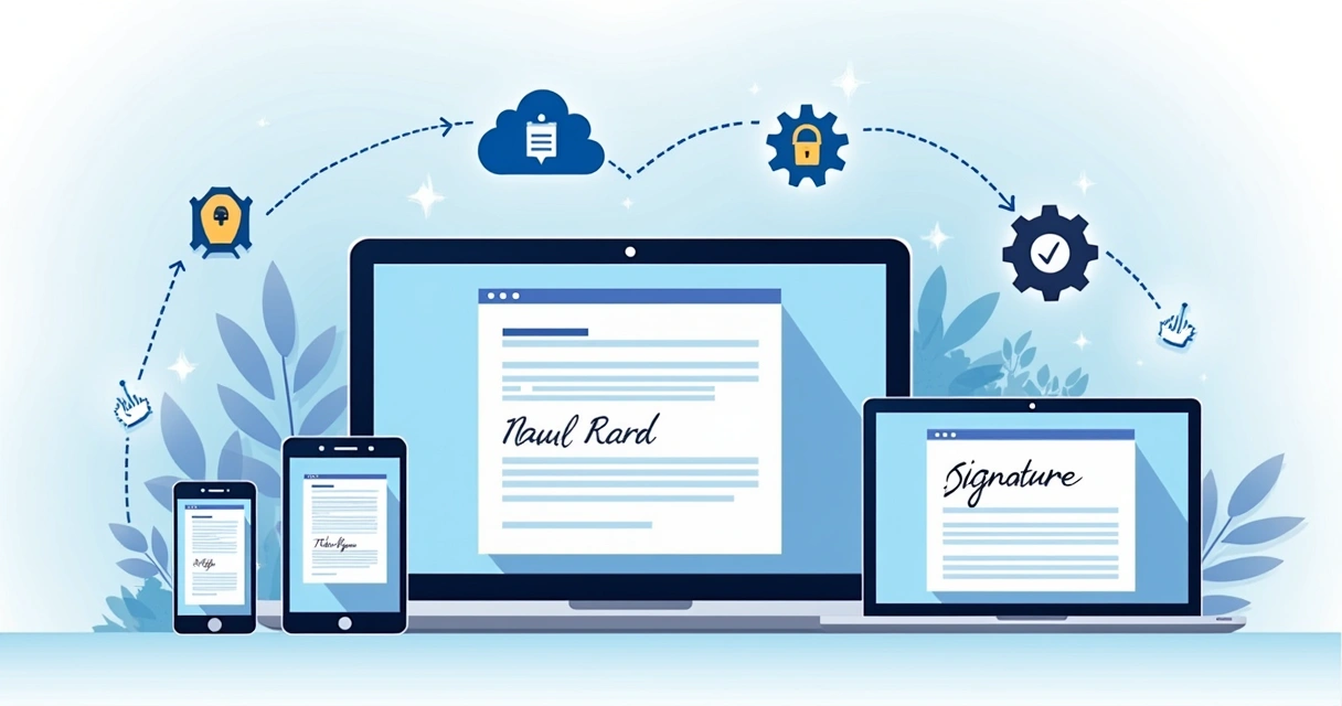 Flat illustration of digital signature workflow on multiple devices with security and automation icons