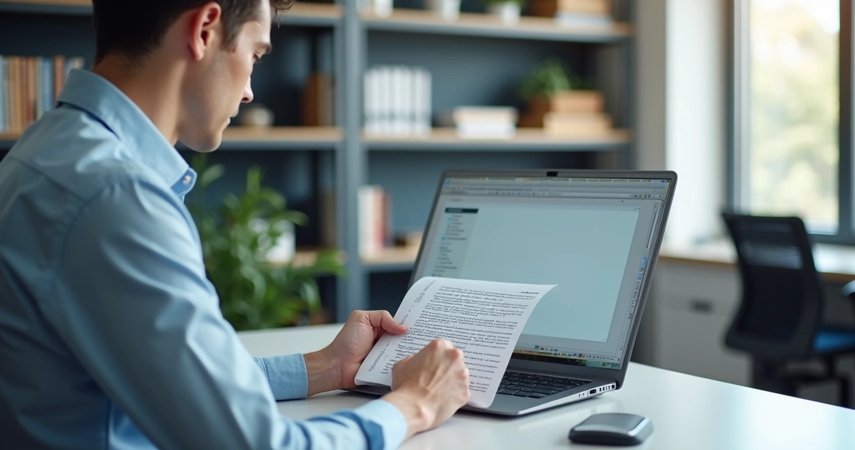 Profissional digitalizando documentos em um escritório moderno. 