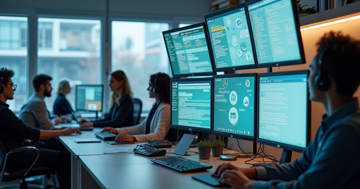 Equipe trabalhando com computadores e sistema integrado de atendimento 