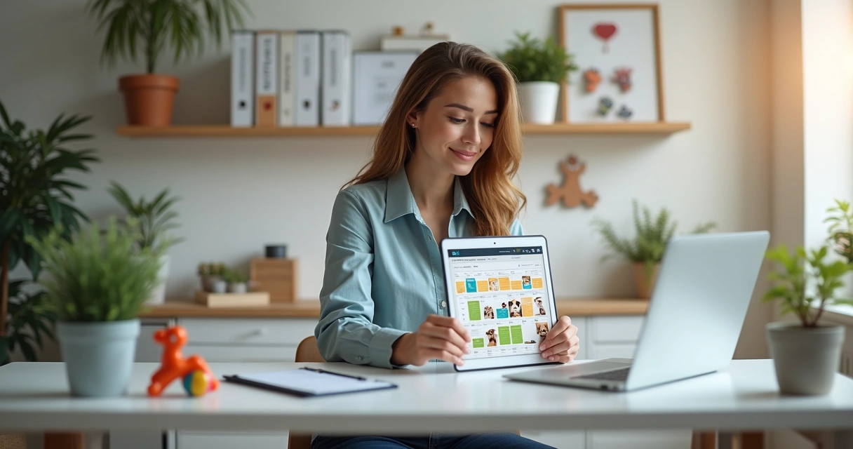 Pessoa usando tablet para digitalizar cadastro de clientes e pets em ambiente moderno e organizado 
